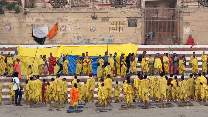 Agra Private Tour - Students were practicing Yoga at the river Ganges.