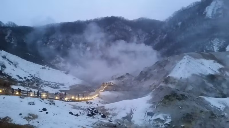 Sapporo Private Tour - Jigokudani (Hell Valley): 
It is a volcanic caldera created by the eruption of Mt. Hiyoriyama, and is the largest hot spring source in Noboribetu Onsen. Due to strong rotten egg-like sulfur smell of boiling sulfur from various holes in this valley, it is known as Hell Valley. Moreover, the tourists can also enjoy the bath in uncountable water hot spring in this area.