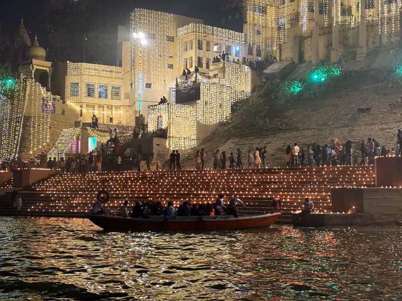 Agra Private Tour - Oil lamps lit up on the step to river Ganges during Dev Diwali in Varanasi.