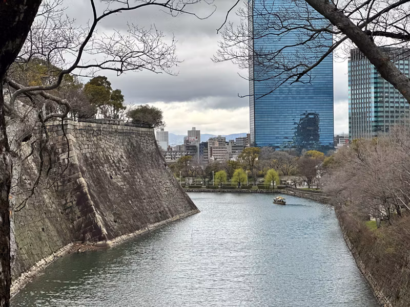 Osaka Private Tour - old stone wall&modern building against moat
